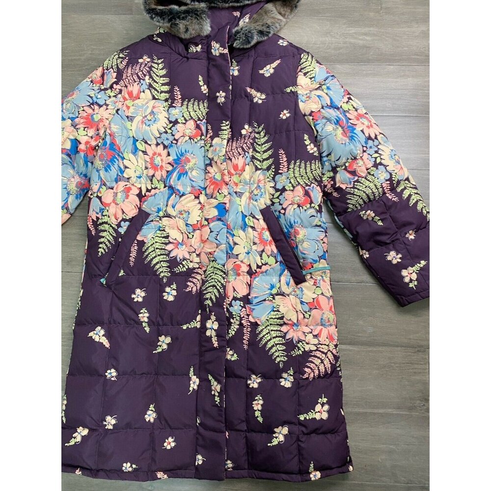 Sundance Hooded Down Puffer Coat Parka Purple Floral Fur Trim Size Small - Picture 7 of 10
